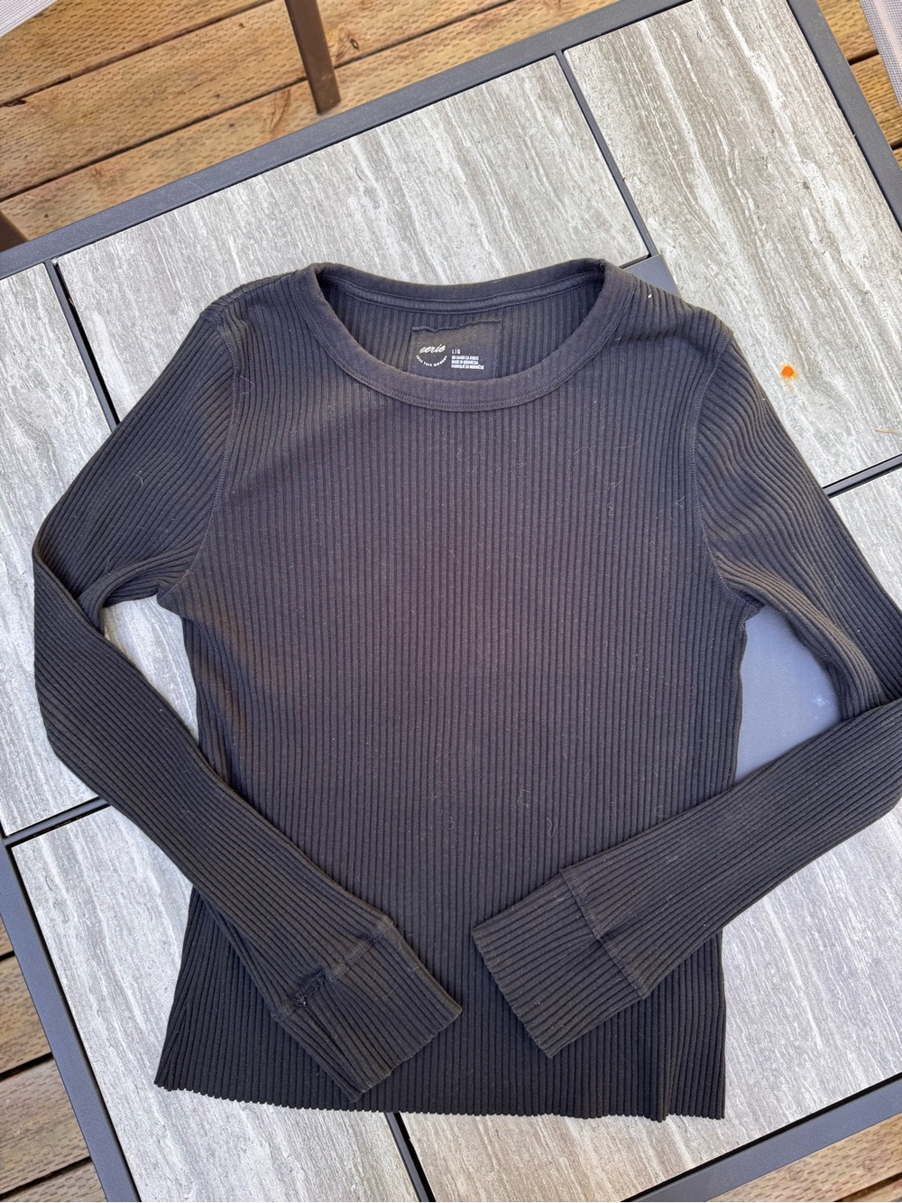 aerie Black Ribbed Crew Neck Long Sleeve